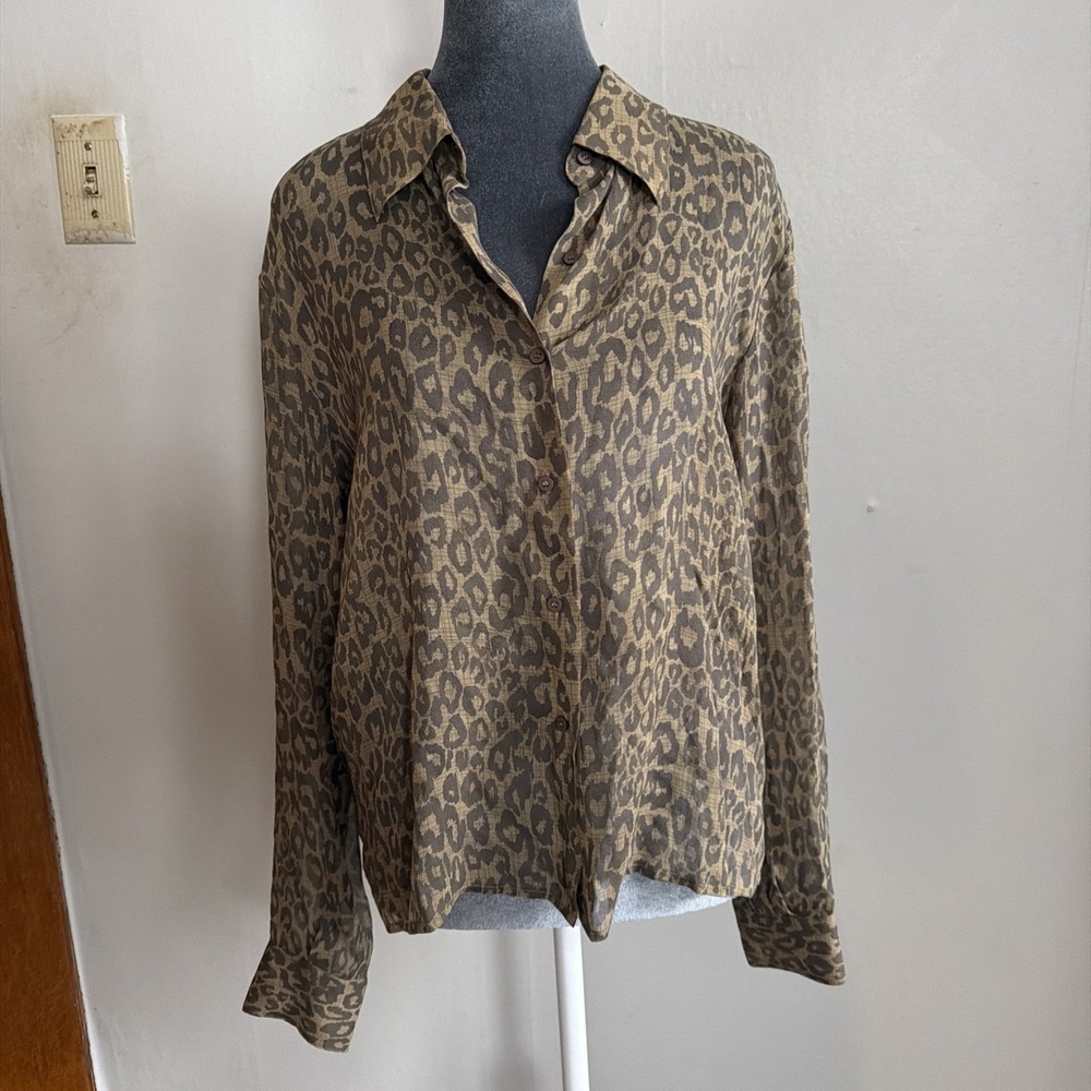 Women's Vintage 100% Silk Long Sleeve Blouse‎ Shirt Animal Cheetah Print. 14 LG